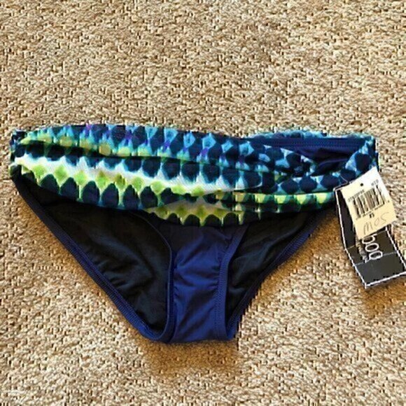 NEW NWT 2BAMBOO Navy Blue Green White Geometric Mesh Waist Boho Bikini Bottom XS - Picture 1 of 6
